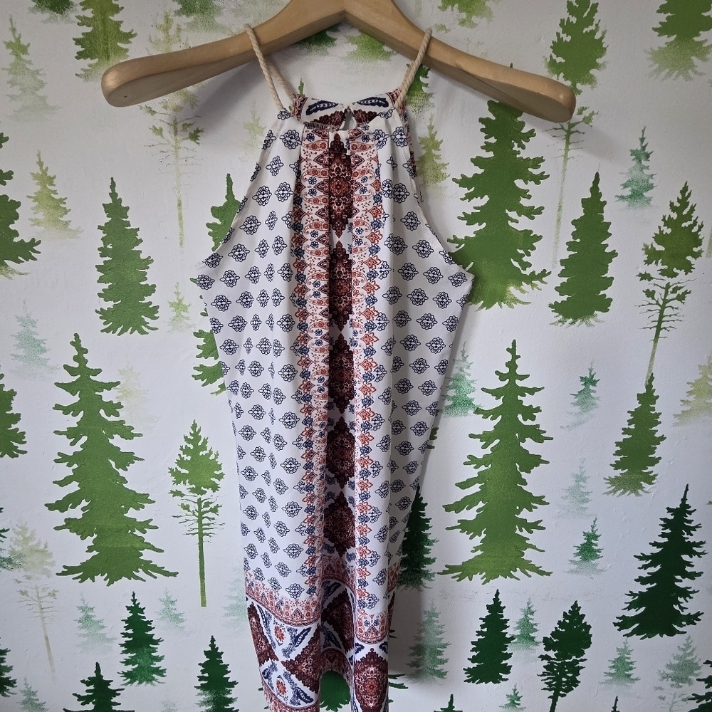 Bohemian Halter Dress with Red and Blue Patterns